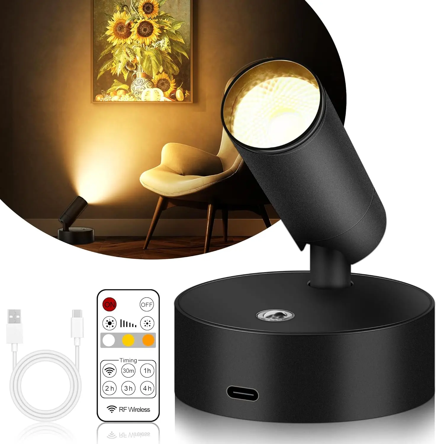 Wireless LED Spotlight Indoor, Rechargeable Battery Operated Floor Uplighting Indoor, Picture Light with Remote Timer and Dimmable, Accent Spot Lights Stick on Wall Light for Plants Pictures Artwork