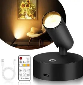 Wireless LED Spotlight Indoor, Rechargeable Battery Operated Floor Uplighting Indoor, Picture Light with Remote Timer and Dimmable, Accent Spot Lights Stick on Wall Light for Plants Pictures Artwork