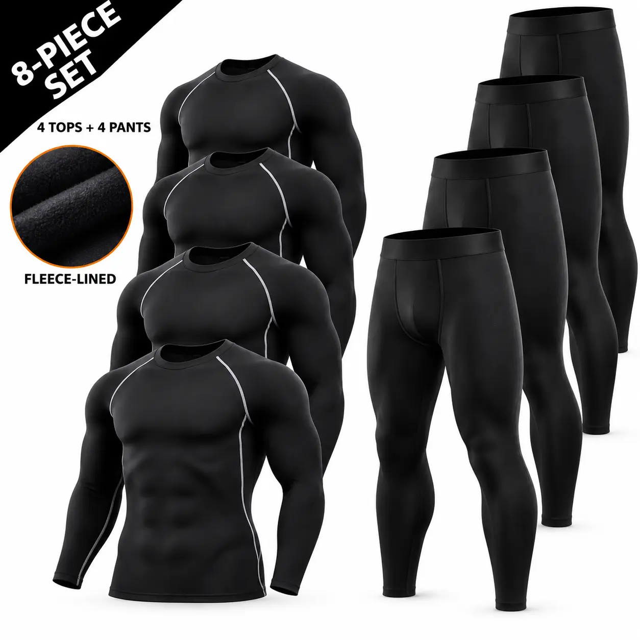 Men's Lightweight Thermal Underwear Set, 1/2/3/4 Sets (2/4/6/8 Pcs) Thin Fleece Lined Long Johns Top and Bottom, Athletic Raglan Base Layer Shirt and Leggings for Cold Weather Running, Gym, Hiking and Everyday Wear