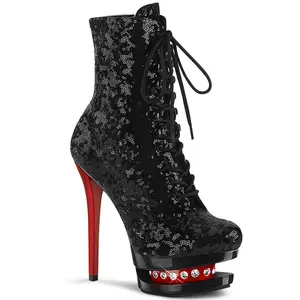 Women's 6-Inch Heeled Platform Boot Footwear, BLONDIE-R-1020 Black Sequins with Red Lace Accents