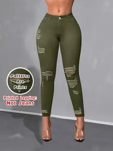 Women's Fashion Womenswear Denim-Look Printed Leggings, Fake Pocket Design, Tight-Fitting High-Waisted Nine-Inch Pants, Casual & Formal Wear