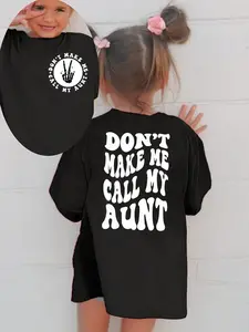 Kids "Don't Make Me Call My Aunt" Retro Wavy Graphic T-Shirt, Girls Short Sleeve Auntie Crew Neck Tee