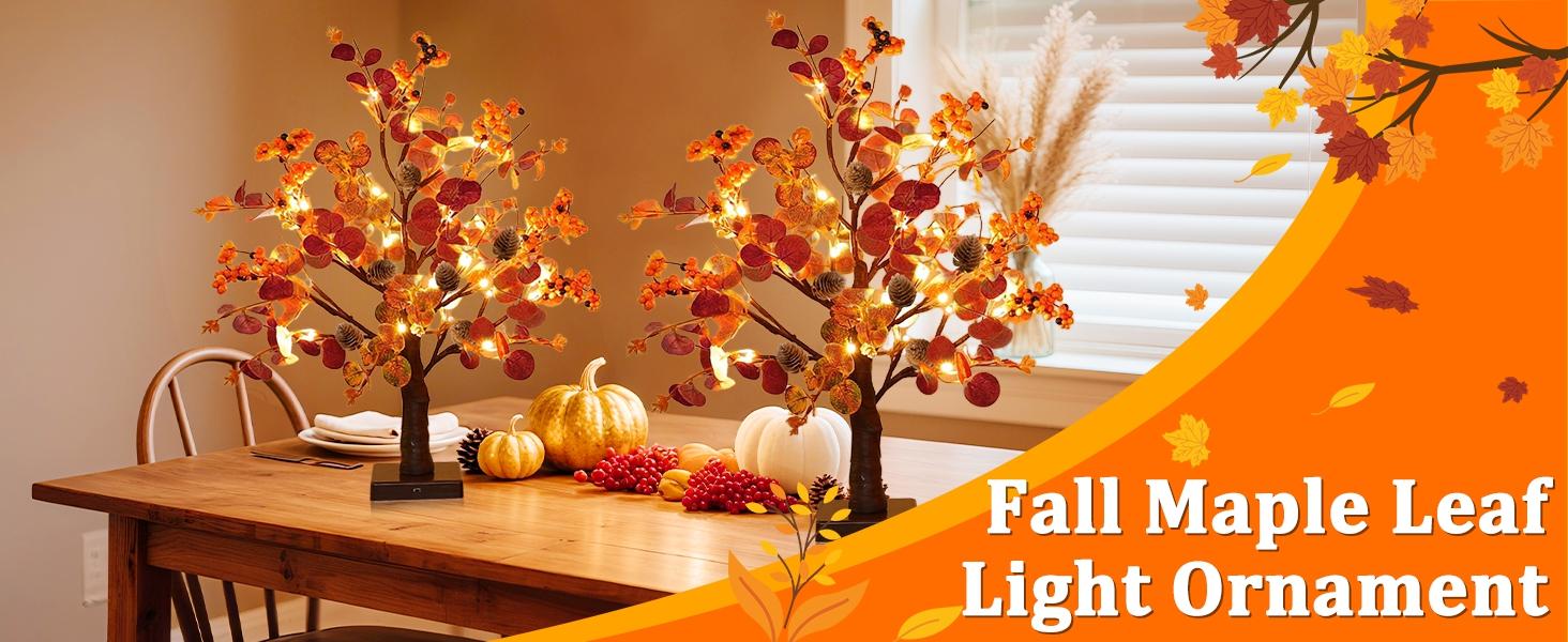 [ Prelit & Timer ] TURNMEON 2 Pack Fall Decor Tabletop Fall Trees 48 LED Battery Operated Maple Tree 288 Eucalyptus Leafed 12 Acorns Berry Fall Decorations for Home Thanksgiving Table Decor 18 Inch