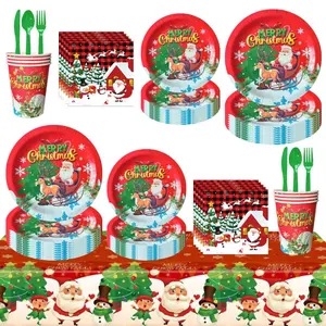 82-Piece Christmas Party Supplies Set, Disposable Plates Napkins Cups Cutlery Tablecloth Decorations, Holiday Winter Festive Theme