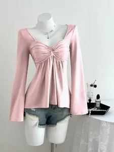 French Heart Neck Flare Sleeve Top for Women, Spring & Fall Knot Slimming A-Line Knit Sweater, Versatile Casual Fashion