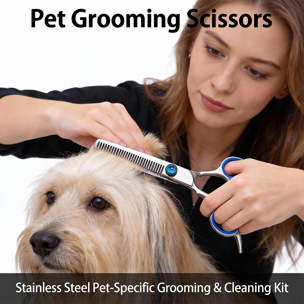 Professional 5-in-1 dog grooming scissors set, with safety round tips, made of stainless steel, sharp and durable. Also suitable for cat grooming.