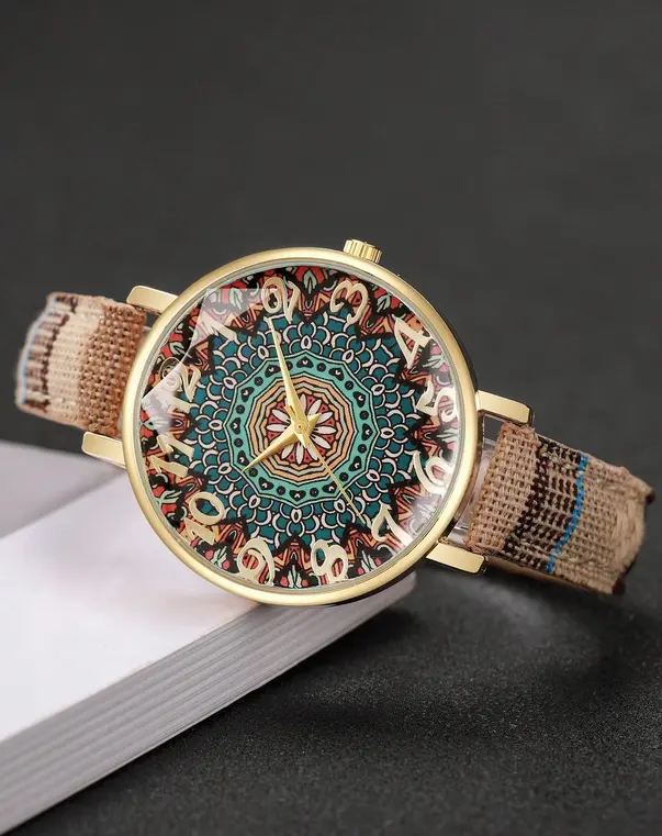 GENEVA Women's Fashion Quartz Watch - Gold-Tone Round-Faced Gold-Accented Case, Casual Aztec Design, Leather-Textile Band, Analog Quartz Watch Ideal for Daily Wear, Analog Quartz Watches, Fashion Quartz Watches
