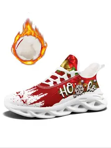Men's Wide FIT Christmas Santa Claus "HO" Print Sneakers, Stylish Walking Shoes, Lightweight Warm Plush-Lined Sports Shoes, Graphic Print Sneakers