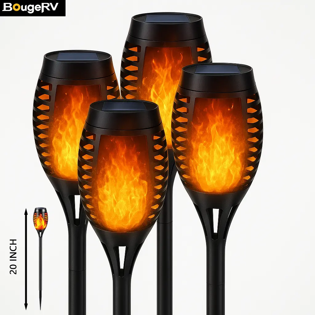 BougeRV 20.5 inch Solar Powered Fire Flame Design Garden Light, 4 Counts Outdoor Flame Effect Ground Plug Light, Lawn Lights, Outdoor Lights, Decorative Outdoor Atmosphere Light for Yard, Garden, Lawn, Solar Outdoor Lights
