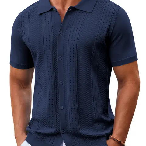 COOFANDY Mens Knit Button Down Shirt Short Sleeve Summer Casual Shirts Vintage Beach Vacation Shirts