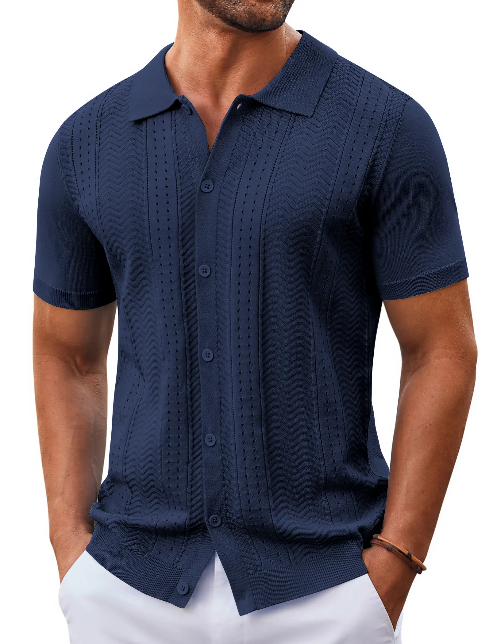 COOFANDY Mens Knit Button Down Shirt Short Sleeve Summer Casual Shirts Vintage Beach Vacation Shirts