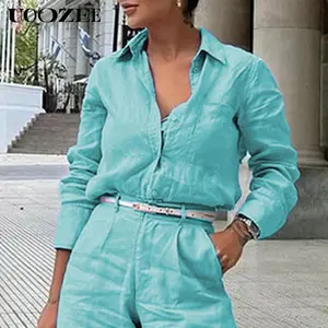 UOOZEE Women's Long-Sleeve Solid Color Loose Blouse with Split-Joint Lapel, Shirts Tops - 1 Size Up Recommended for C-Cup and Above