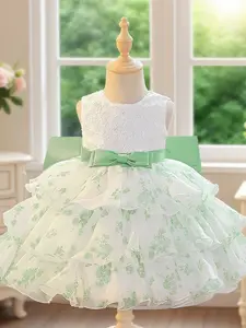 Green Bow Dress Multi-layer Cake Tutu Dress for Baby Girl Birthday Party Christening