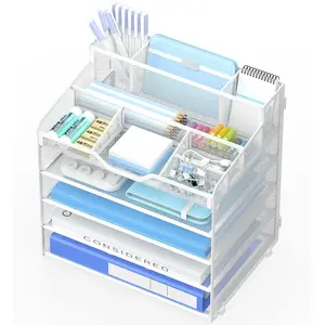 5 Tier Mesh Desk Organizer,Multi Functional Letter Paper Tray with 3 Pen Holders and 5 Adjustable Storage Compartments for Office Supplies Files and Mail Space Saving Desktop Organizer-White