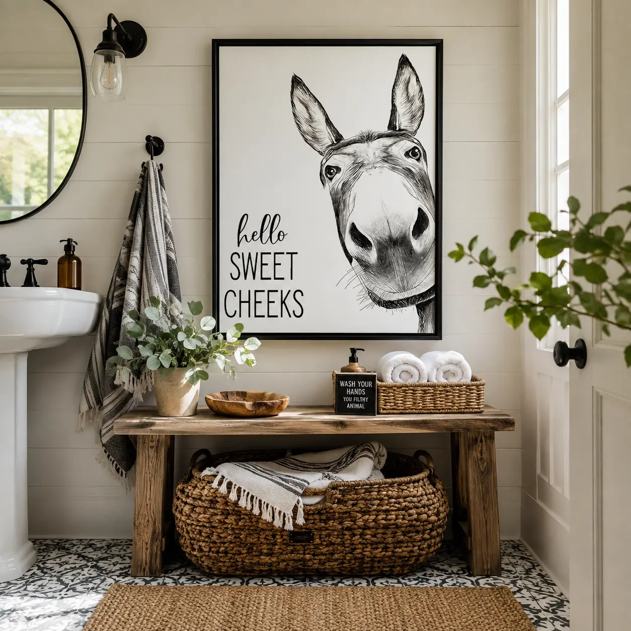 Hello Sweet Cheeks Donkey Sketch Canvas Wall Art, Funny Black White Donkey Bathroom Wall Decor, Quirky Restroom Humor Poster