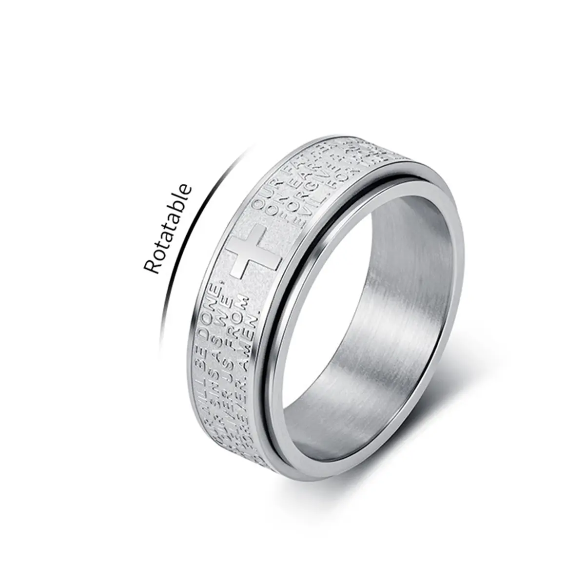 Men's Cross Bible Scripture Ring, 8mm rotatable decompression ring, unisex faith rotating ring