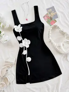 Women's Black 3D Floral Slip Dress, Square Neck Wide Straps, Bodycon Mini Dress with Camellia Decoration, Sweet Cool Y2K & French Elegant Style, Chic