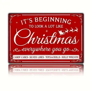 Vintage Style Flat Christmas Metal Wall Art with Rustic Iron Sign Featuring It Is Beginning to Look a Lot Like Christmas Motto Waterproof Weatherproof Ready to Hang Versatile Holiday Decor