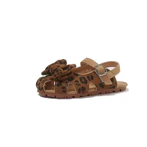 Girls' Leopard Print Bow Head Sandals, Soft Material, Anti-Slip Durable, Buckle Closure, Flat Sole, Vintage Style, Summer Daily Wear