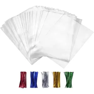 100PCS Cellophane Bags Clear Plastic Cello Bags 4x6 with 4" Twist Ties 5 Mix Colors - 1.4 mils Thick OPP Treat Bags for Gift Wrapping Packaging Decorations Storage (4'' x 6'')