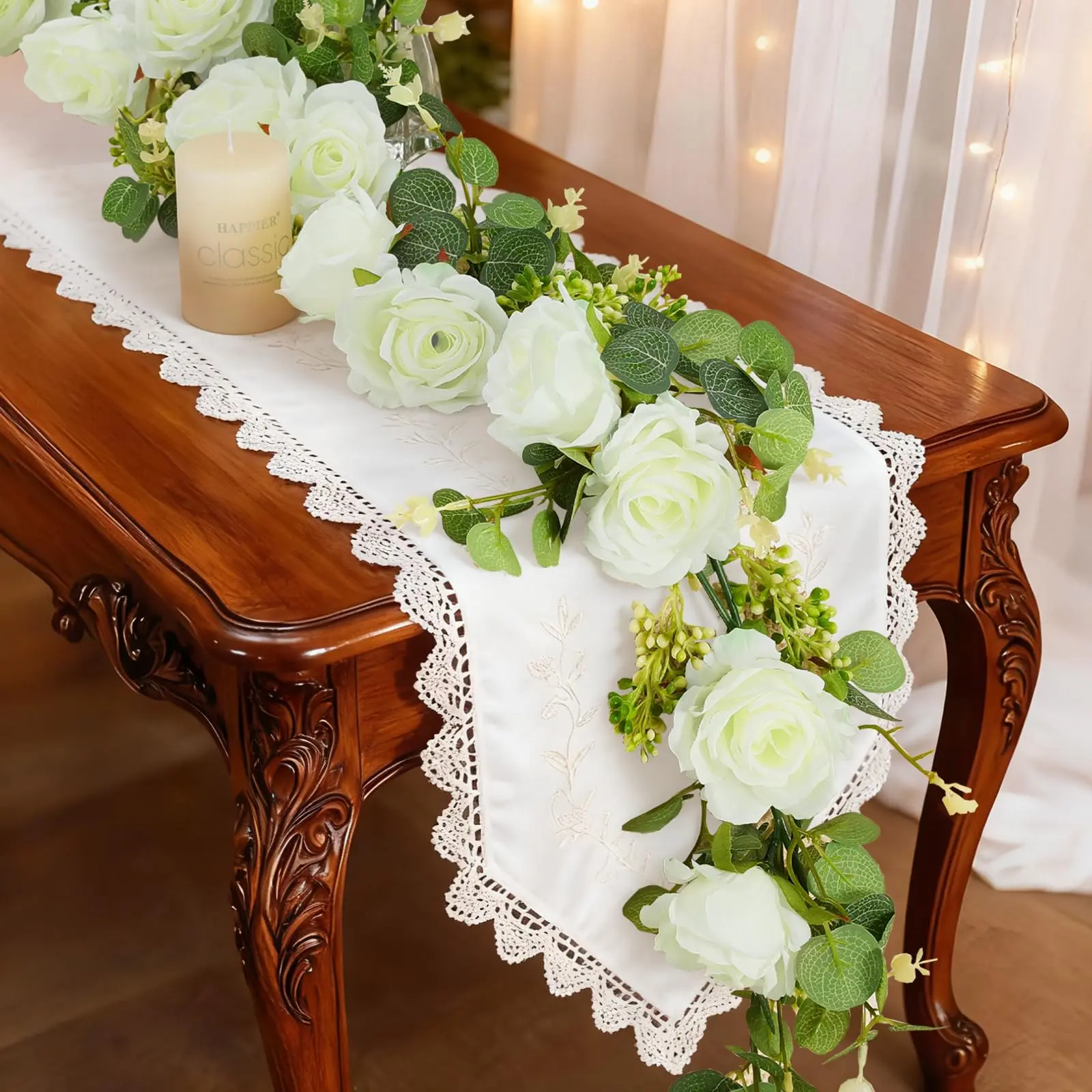 6FT Artificial Eucalyptus Garland with 8 White Roses, Maintenance-Free Faux Greenery Vine Wedding Flowers, for Wedding Table Backdrop, Party Centerpiece Home Decor