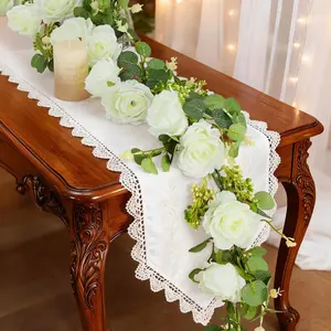 Artificial Eucalyptus Garland with Flower - 8 Roses, 6FT Faux Floral Greenery Garlands Fake Flowers Vines, Maintenance-Free for Wedding Table Backdrop Party Centerpiece Room Decor, White