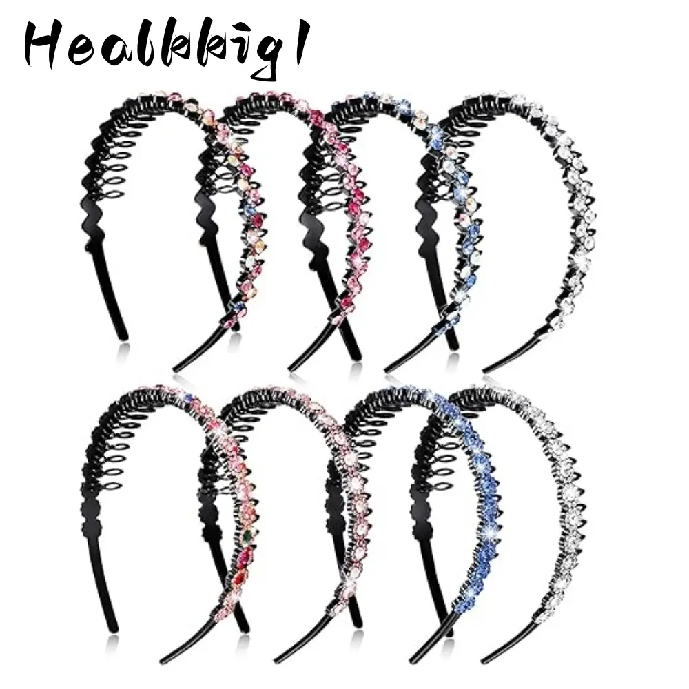 Women's 8pcs Bling Rhinestone Teeth Comb Headbands, Non-Slip Plastic Floral & Wave Hair Accessories, Multicolor Hair Bands, Bling Hair Headband, Floral Hairband