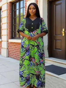 Women's new African Kafotan women's graffiti printed long robe loose plus size dress V-neck short sleeved long skirt rose red contrasting button design casual wear daily temperament elegant vacation home comfortable batsleeved dress