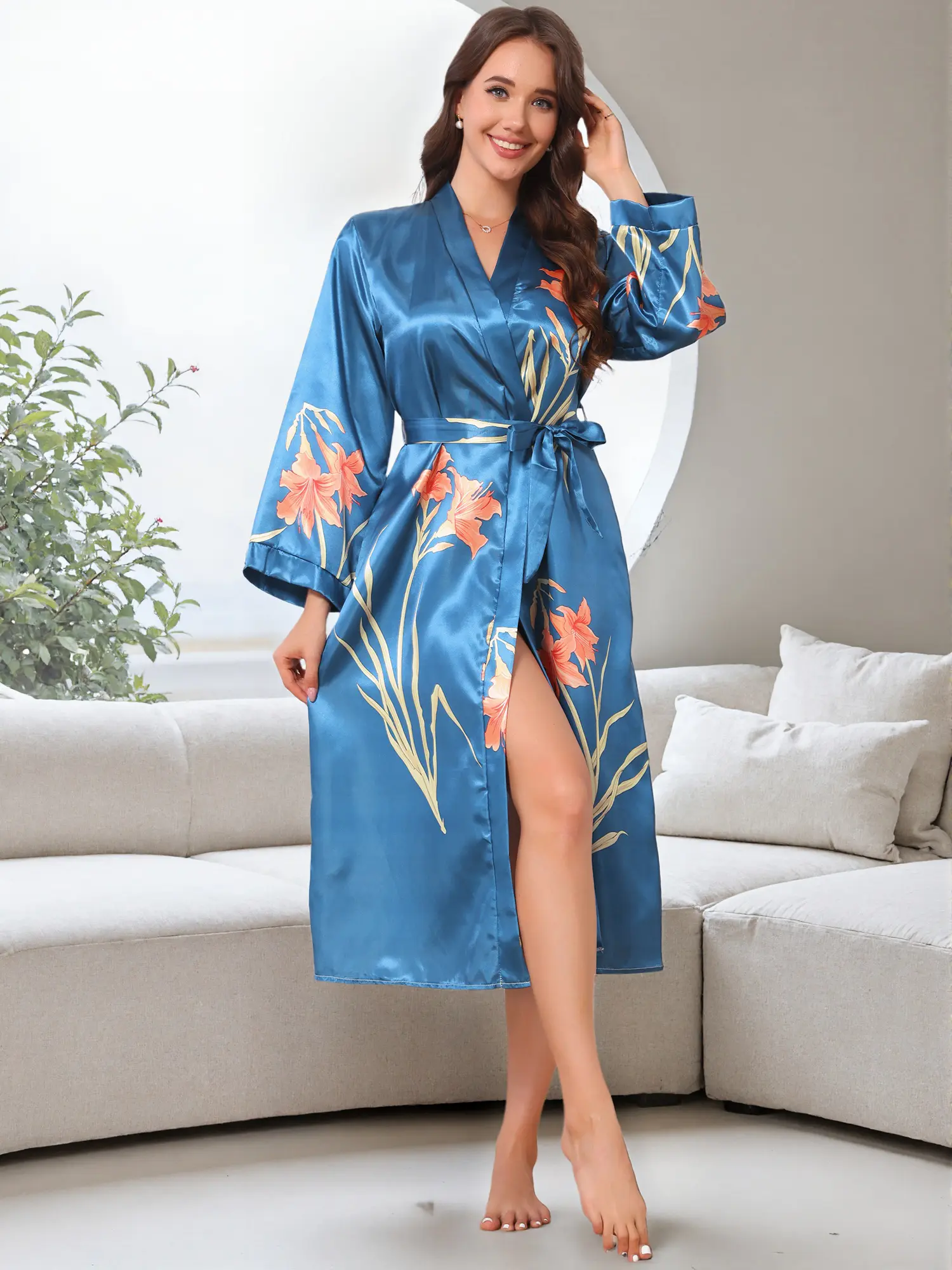 INSPIRE CHIC Women's Long Satin Robes Midi Silky Robes Long Sleeves Robes Sleepwear Loungewear Silky Bath Robe Dressing Gowns Nightgown