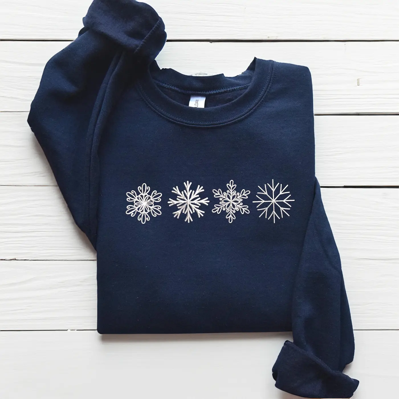 Embroidered Snowflake Sweatshirt, Minimalist Winter Crewneck for Women, Cozy Holiday Pullover, Christmas Gift Idea