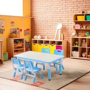Kids Study Table and 4 Chairs Set, Height Adjustable 47.2"X23.6" Graffiti Desktop, Suitable for Daycare, Classrooms, Home, Storage Box Included