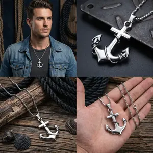 Titanium steel anchor pendant necklace for men, vintage long stainless steel sweater chain jewelry, trendy