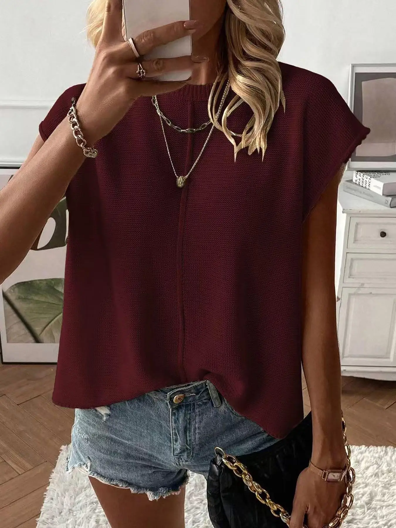 Women's Solid Color Sweater Vest, Casual Fashion Round Neck Knit Top for Summer, Fashion Women's Knitwear for Daily Wear