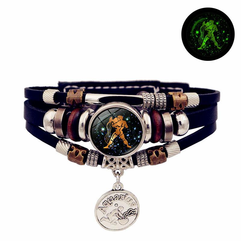 Luminous 12 Zodiac Signs Leather Bracelet — Unisex Gift, Commemorative, Handmade, Multi-Layer Beaded Wristband & Creative Jewelry