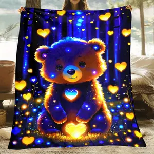 Glow-In-The-Dark Bear Print Flannel Blanket - Ultra Soft, Lightweight & Durable Polyester, Perfect For Sofa, Bed, Travel & Camping |   Machine Washable, Ideal Gift For All Seasons, Cozy Blanket summervibes