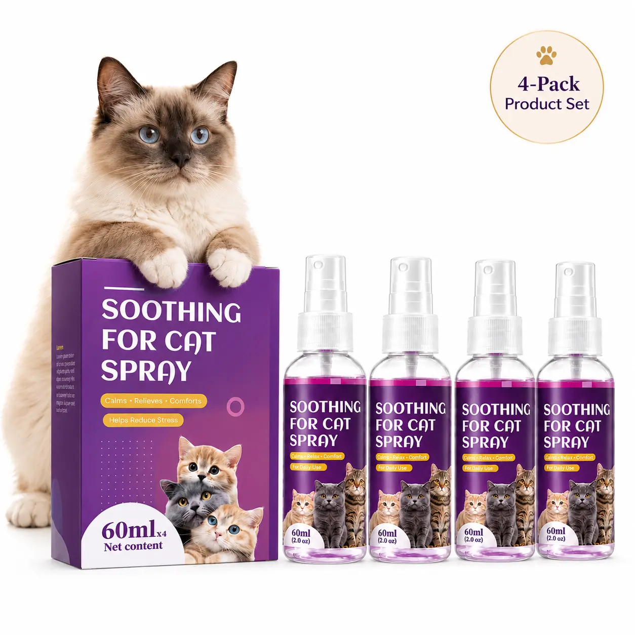 Cat Calming Spray, 4 Pack 60ml Drug-Free Soothing Spray for Cats, Non-Sedating Stress Support for Travel, Vet Visits, Loud Noises, Fireworks, Car Rides, Carriers, Bedding, Crates, Kittens, Adult Cats, Senior Cats and Multi-Cat Homes