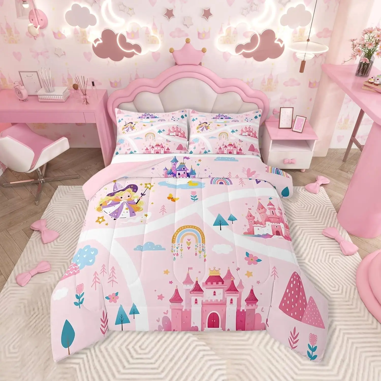 Kids Princess Duvet Insert,Dreamy Magic Castle Comforter Set for Cartoon Rainbow Bedding Set Fairytale Bedroom Decor 1