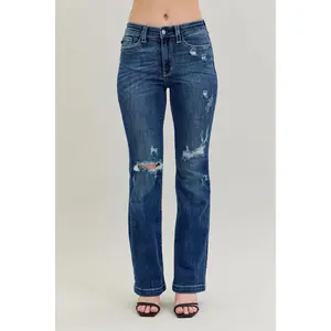 Judy Blue Mid Rise Hand Sand & Destroy Bootcut Denim Jeans 82541