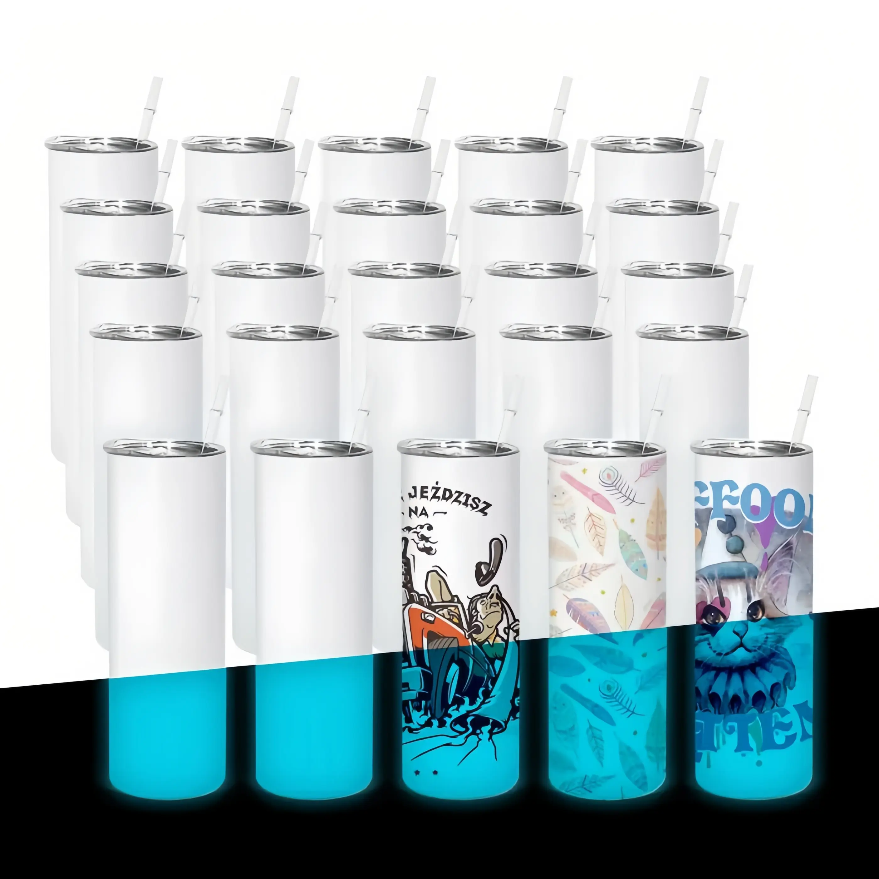 AGH Glow In The Dark 20oz Sublimation Skinny Tumbler - Matte White to Blue Double Wall Insulated Drinkware Stylish and Portable Flasks Bottled