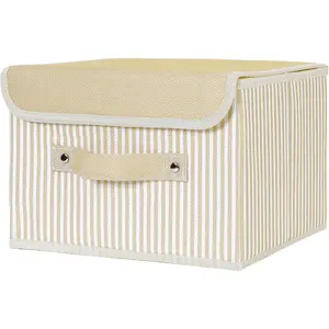 Storage Bins with Lids Collapsible Storage Basket with Handles Fabric Decorative Storage Box Cotton Linen Storage Boxes Closet Organizers and Storage Beige Stripes 1 Pack
