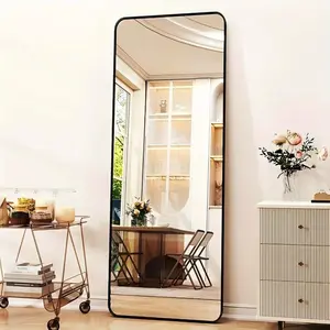 NoEnName_Null 59"x16.2" Full Length Mirror Standing Full Body Mirror with Rounded Corners Black Aluminum Alloy Frame High-Definition Glass for Bathroom Bedroom Living Room