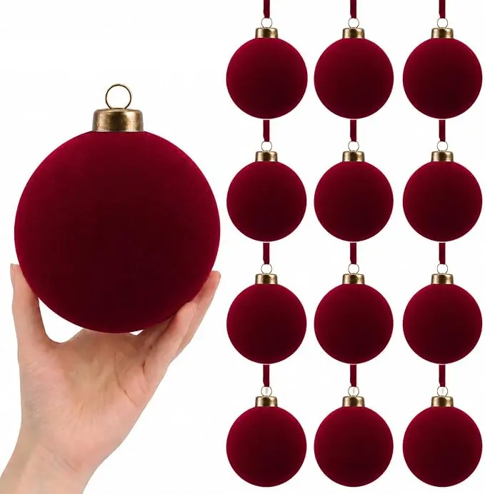 6/12 Pcs Velvet Christmas Ball Ornaments - 4 Inch Flocked Christmas Tree Balls Decorative Hanging Ornaments for Xmas Tree, Wreath, Garland or Wedding Holiday Party Decoration