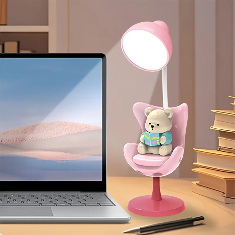 Cute Cartoon Bear Desk Lamp with Adjustable Arm - USB Rechargeable, 3-Level Dimmable, Eye-Protection, Modern Plastic Design for Home Office & Study, Desk Lamp for Office, Study Lighting, Playful Design, Polished Finish