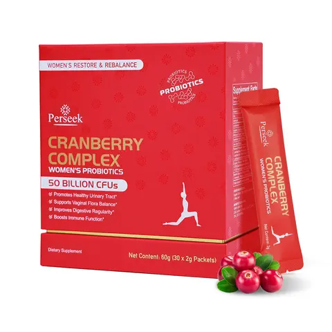 Perseek Women’s Edible Probiotic Vitamin Dietary Supplement with Cranberry Complex Extracts - 50B CFUs, Amylase, Antioxidants, Bifidobacterium Lactis, Digestive Regularity, Immune Support, Intimate Care, Prop 65 Safe - 30 Packets
