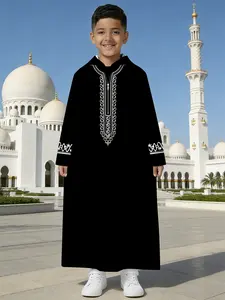 Boys' Hooded Embroidered Detailing Robe, Modesty Arabian Fashion Casual Wear, Comfortable Long Sleeve Pajamas, Perfect for Daily Use