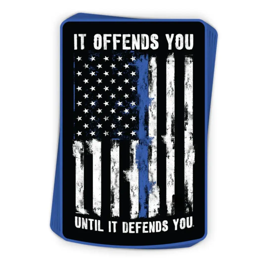 It Offends You Until It Defends You Die Cut Sticker, Thin Blue Line American Flag Vinyl Decal for Car, Home, Water Bottle & Laptop | Police Support Gift Sticker