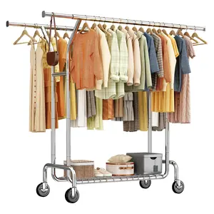 Raybee Clothes Rack, 330LBS Double Rod Clothes Racks for Hanging Clothes 200+, Adjustable Clothing Rack with Sturdy Wheels & Shelves