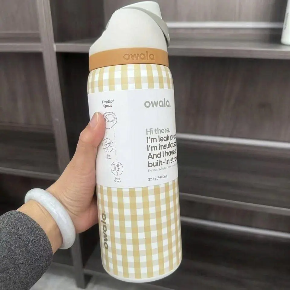 Owala FreeSip Insulated Stainless Steel Water Bottle – 24oz & 32oz Yellow Gingham Edition, Leak-Proof Straw Lid, BPA-Free