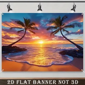 2D Flat Banner, 1pc Vibrant Seaside Sunset Tapestry - Polyester Fabric Wall Hanging, Palm Trees and Ocean View, Ideal for Birthday Party and Room Decor, Beach Theme Decor