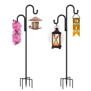 Double Shepherds Hooks for Outdoor,62 Inch/76 Inch/92 Inch, 2-Pack Heavy Duty Garden Pole for Hanging Bird Feeder, Plant Baskets, Solar Light Lanterns, Garden Plant Hanger Stands with 5 Base Prongs